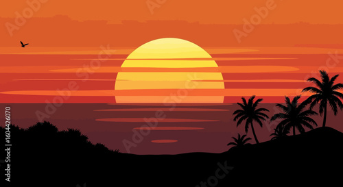 Serene tropical dusk landscape with fiery sunset and silhouetted palm trees creating a relaxing vacation scene