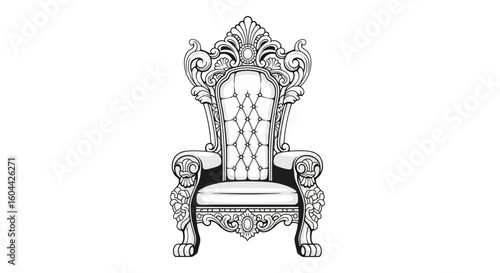 Elaborate royal throne illustration depicting power and grandeur with detailed filigree accents and ornate design, ideal for fantasy or historical