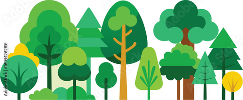 Stylized flat design trees in various shades of green and yellow against a light background