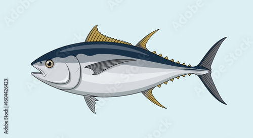 Illustration of a tuna fish with detailed fins and coloration swimming effortlessly on a light blue background