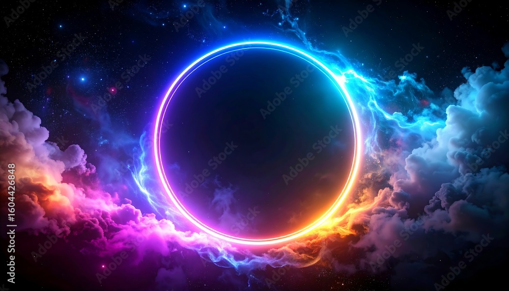 Neon circle in nebula clouds Neon circle in nebula clouds