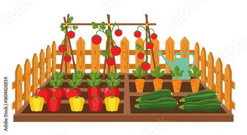 A Colorful Vegetable Garden Plot Featuring a Variety of Freshly Grown Produce With a Wooden Fence Bordering the Garden Bed