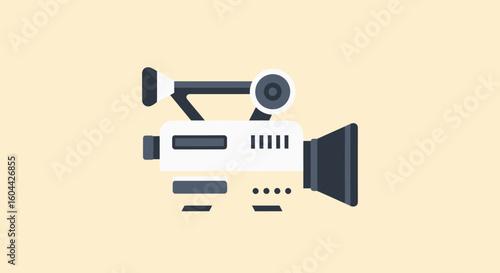 Stylized video camera illustration in retro color palette featuring flat design aesthetics with precision and minimalist elements