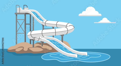 Cartoon Water Park Slide Illustration under a Sunny Blue Sky for Summer Fun and Recreation
