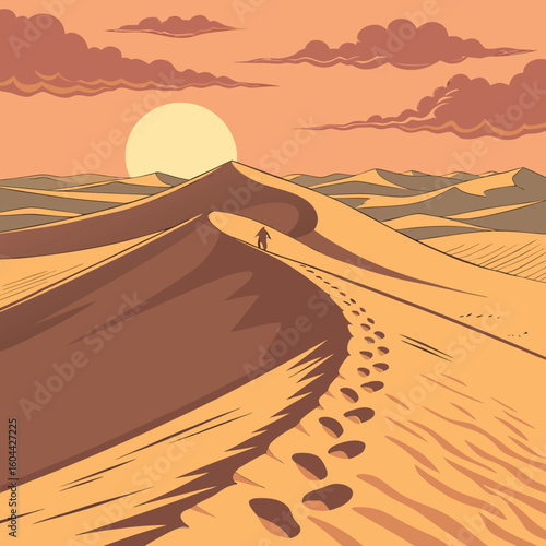 An illustration shows a person walking across sand dunes. 