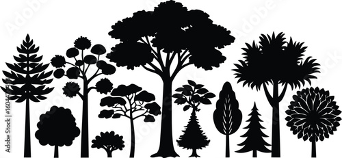 Diverse collection of black tree silhouettes in various shapes and sizes against a white background