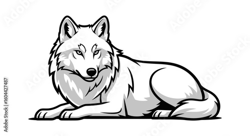Monochrome illustration of a wolf lying down rendered in a stylized design aesthetic with smooth gradients and bold outlines