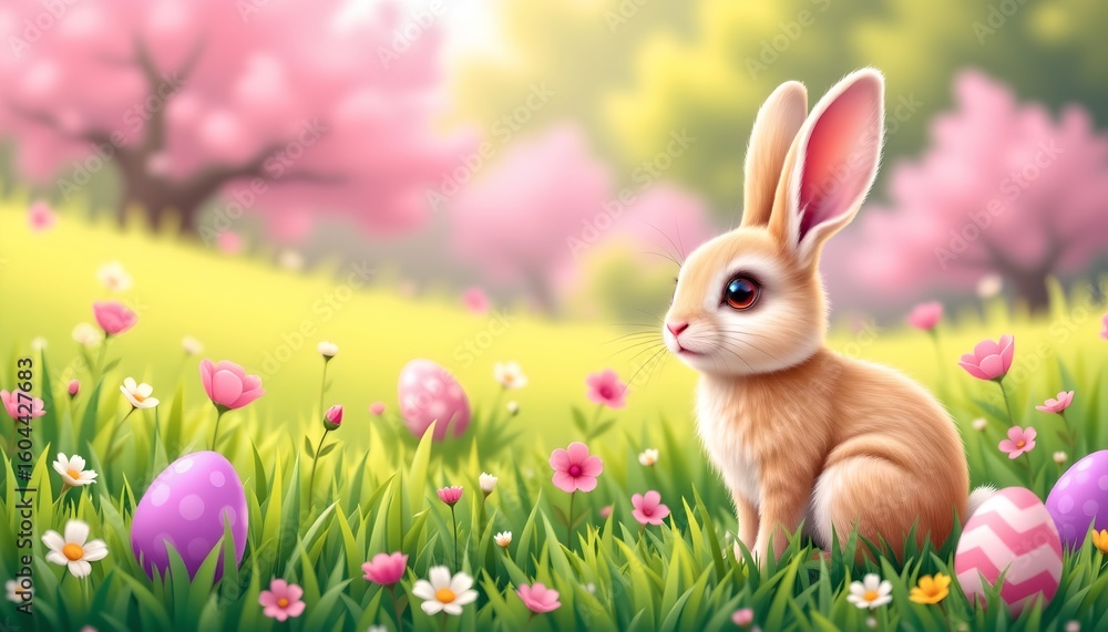 Fototapeta premium an easter themed setting with vibrant pink flowers and green grass. a cartoon bunny with large ears is standing in the center of this picturesque scene