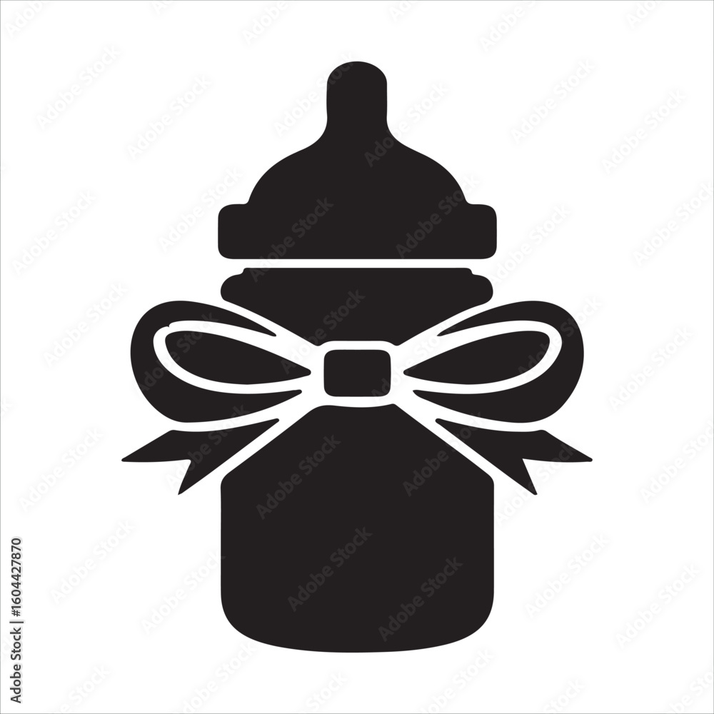 Obraz premium Black silhouette of a baby bottle with a ribbon bow