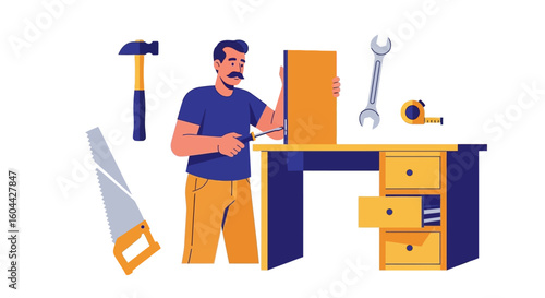 Craftsman Assembling Furniture with Tools in Workshop, Flat Vector Illustration Portraying Skilled Trades and Home Improvement Endeavors