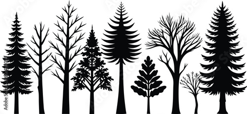 Assortment of black tree silhouettes including evergreen and bare deciduous varieties