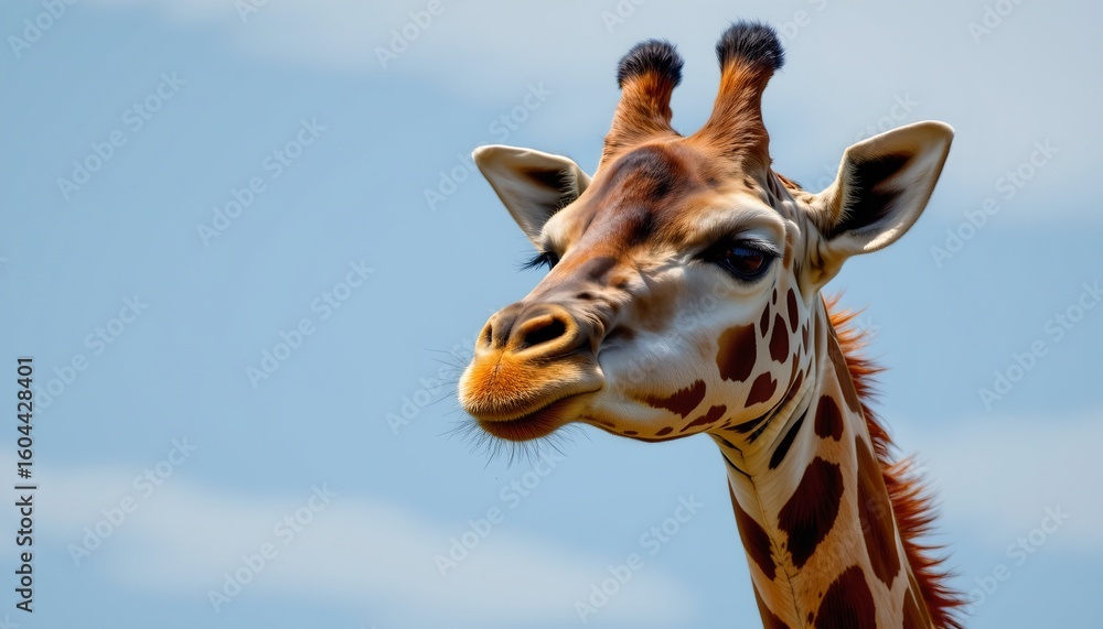 Obraz premium an adult giraffe standing against a clear blue sky. the giraffe is looking to the right with its mouth open slightly, revealing its tongue