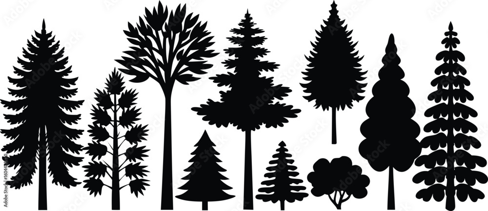 Fototapeta premium Diverse collection of tree silhouettes including pine deciduous and bushy varieties