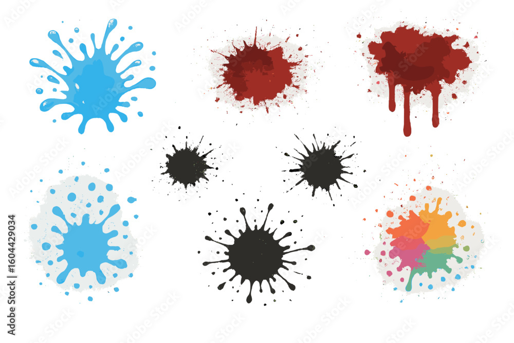 Vector set of colorful ink and paint splatters. Abstract water splash, blood stain, and artistic liquid burst elements. Grunge style drip, blot, and drop illustrations.