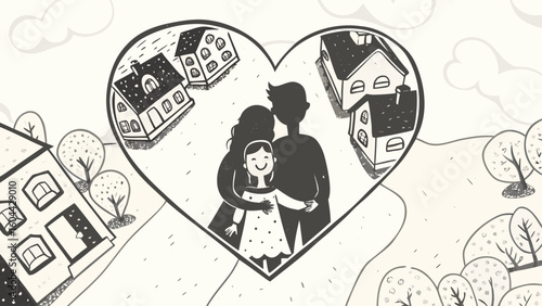 Illustration of a family inside a heart surrounded by houses and trees in a monochrome color palette silhouette