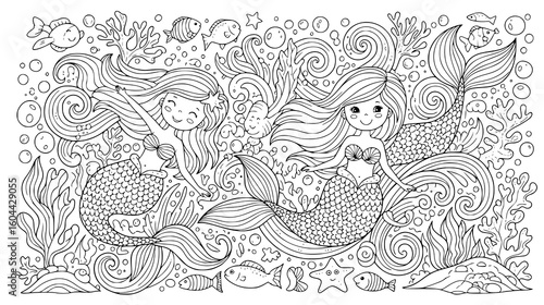 Two enchanting cartoon mermaids with flowing hair and patterned tails swim together amidst coral, fish, and swirling waves
