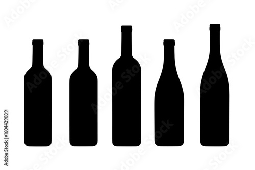 Wine bottle silhouette vector icon set. Collection of different glass bottle shapes. Black graphic design element isolated. For wine, alcohol, beverage, bar, restaurant, winery menu.