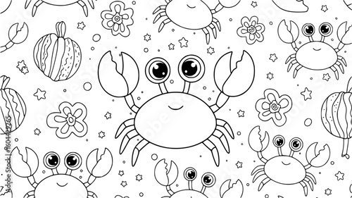 Cute cartoon crab with big eyes and claws, surrounded by flowers and stars, isolated on white background
