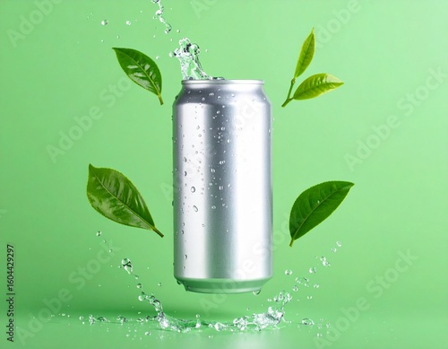 Wallpaper Mural Refreshing tea can mockup with floating young tea leaves and water splashes on green background. Perfect for beverage ads, natural drink branding, or product packaging design. Torontodigital.ca