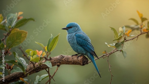 Exotic blue bird on a stand inside a cage with a leafy background