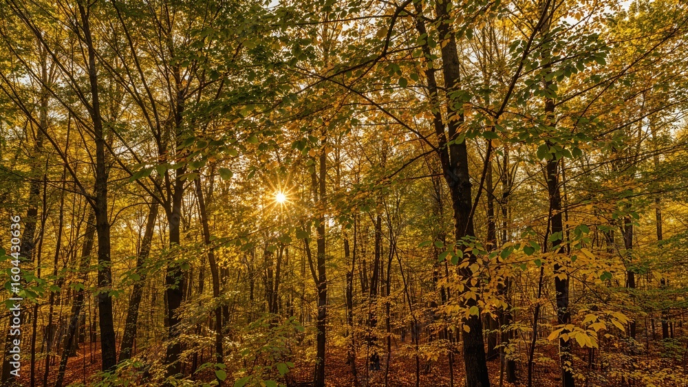 Fototapeta premium Quiet forest vista touched by gentle sunlight, where trees display a vibrant mix of green and golden hues, highlighting the essence of autumn.