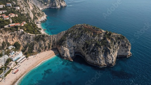 Fototapeta Naklejka Na Ścianę i Meble -  Aerial perspective showcasing natural limestone pillars emerging from the sparkling sea near a southern Italian peninsula.