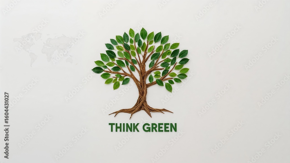 Obraz premium Eco-conscious Earth. Artistic tree composed of green foliage and twigs with a sketched globe design. Simple natural theme. Promote Green Living. Environmental Awareness. Aerial perspective. Flat