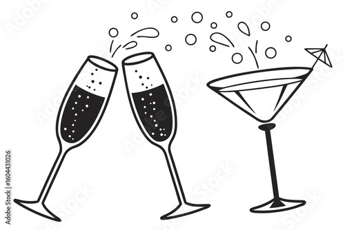 Vector illustration of clinking drink glasses featuring champagne and cocktail silhouettes, elegant celebration theme for parties, events, and festive occasions
