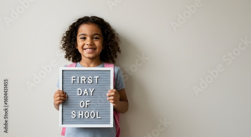 Joyful Girl with Curly Hair Holds Letter Board on First School Day.