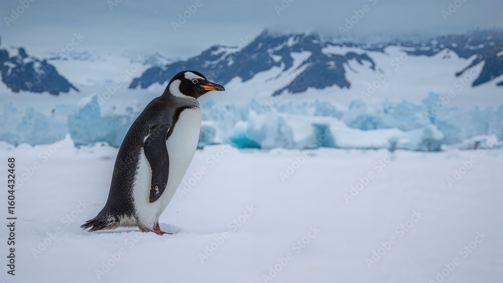 Fototapeta premium Animal scene featuring a Gentoo penguin walking left