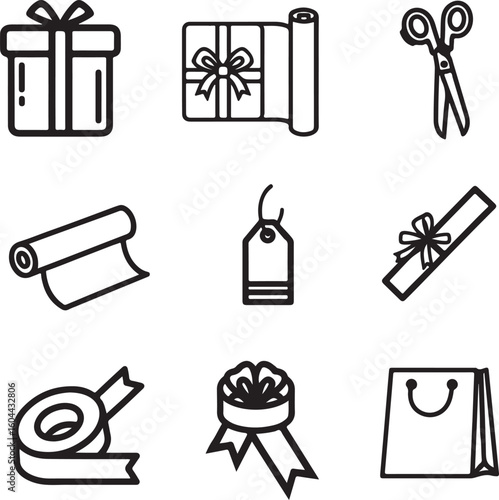 
"Gift wrapping icons vector set – colorful gift boxes, ribbons, bows, wrapping paper, holiday packaging symbols, festive present elements for Christmas, birthday, celebration, and party design".
