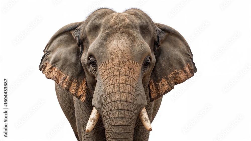 Fototapeta premium Complete frontal view of an elephant against a white backdrop