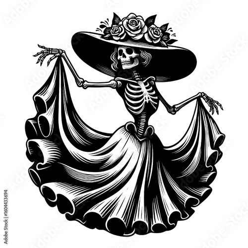 Elegant Skeleton Dancer with Flowing Dress and Rose Hat in Vintage Day of the Dead Style Clipart Design