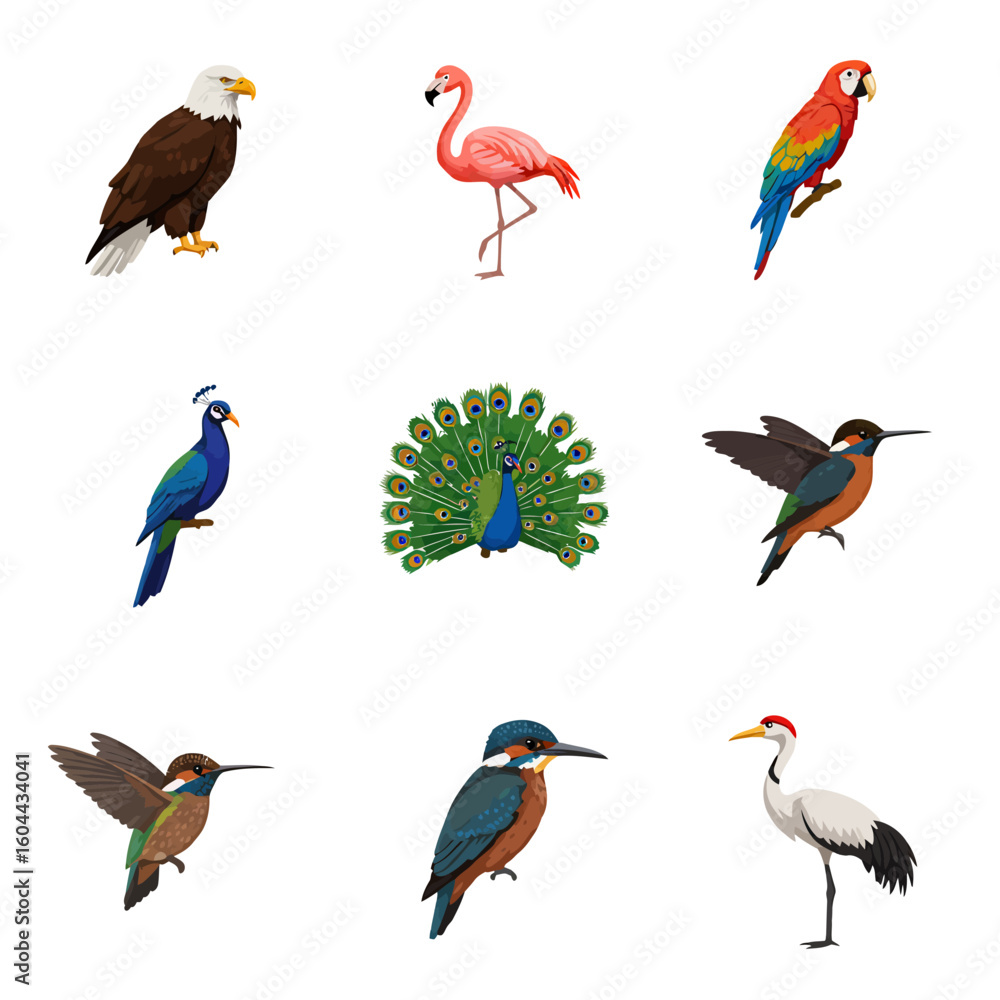 Obraz premium A vibrant collection of nine illustrated bird species, including a bald eagle, peacock, flamingo, macaw, and crane in various poses.
