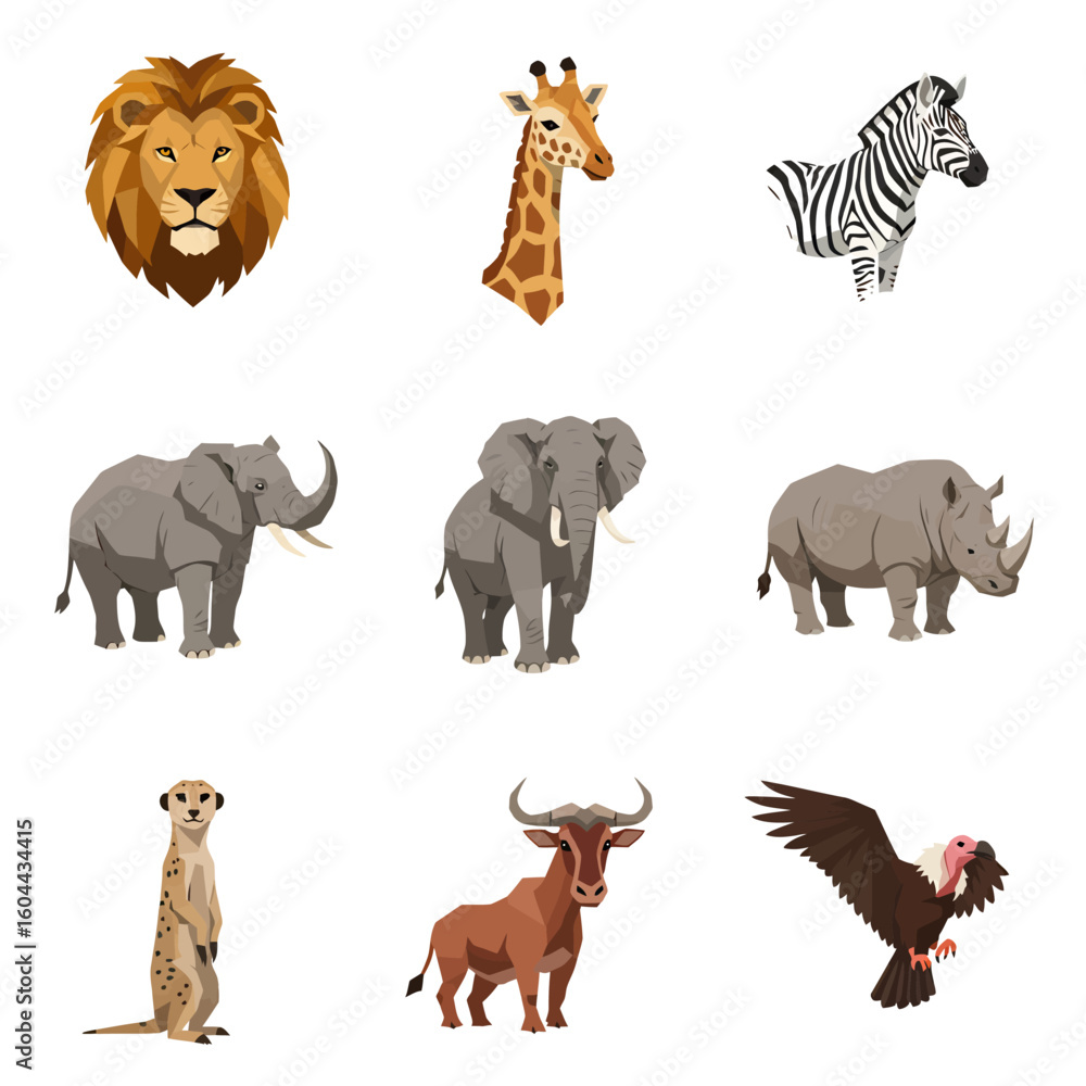 Naklejka premium Stylized geometric vector illustrations of various African safari animals.