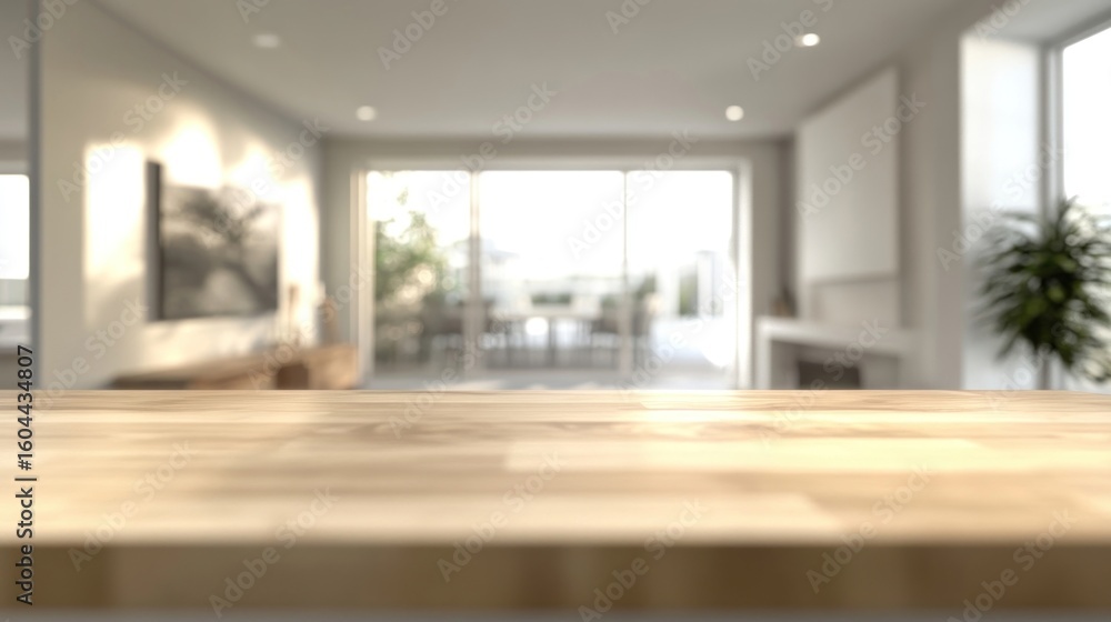 Fototapeta premium Kitchen interior with a wooden countertop background blurred modern.