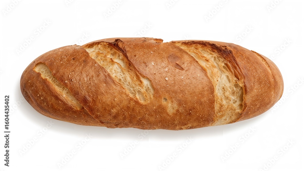 Fresh baguette loaf isolated on plain white, top perspective Fresh baguette loaf isolated on plain white, top perspective