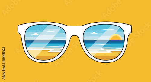 Sunglasses Reflecting Beach Sunset Illustration: Summer Vacation, Travel, Relaxation Concept