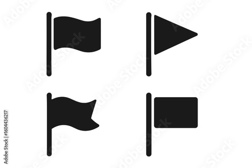 Set of black flag icons. Vector symbols for location, map pin, or destination mark. Simple minimal pictogram collection. Pennant, banner, and standard shapes for web.