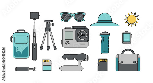 Travel Photography Gear Set: Action Camera, Tripod, Sunglasses, and Accessories on White