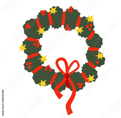 Christmas wreath made of green holly leaves with red berries, yellow stars, red ribbon, and bow