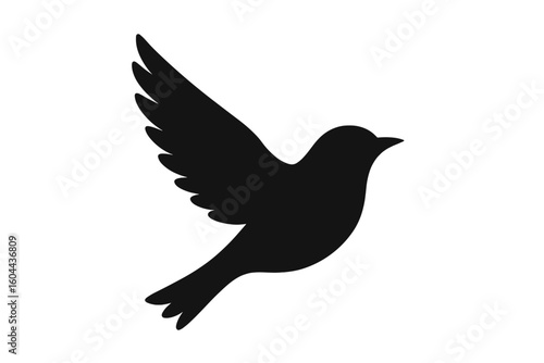 Flying bird silhouette vector icon. Dove of peace or pigeon symbol. Graphic illustration for freedom, hope, and nature concept. Isolated black animal shape design element.