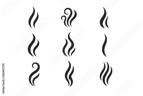 Collection of steam, smoke, and aroma vector icons. Black swooshes, swirls, and swashes for typography design. Decorative calligraphic flourishes, heat vapor lines art set.
