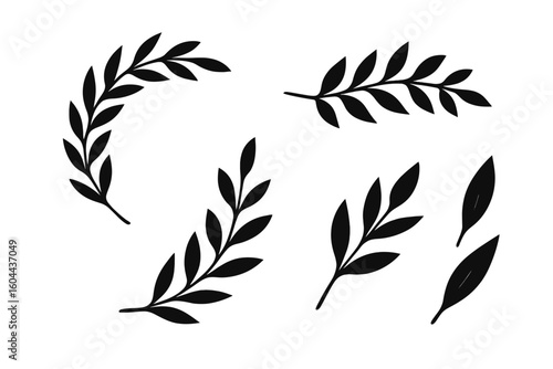 Black vector laurel wreath and olive branches set. Elegant floral silhouettes for design. Greek roman victory symbol. Minimalist leaf icons isolated on white background.