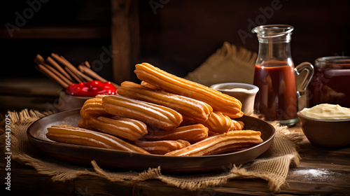 Delicious churros dessert with chocolate sauce and sugar on wooden table