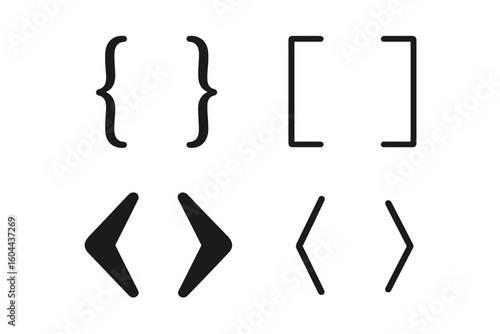 Bracket icon set with curly, square, and angle braces. Vector illustration of punctuation and typography symbols for coding and design on a transparent background.