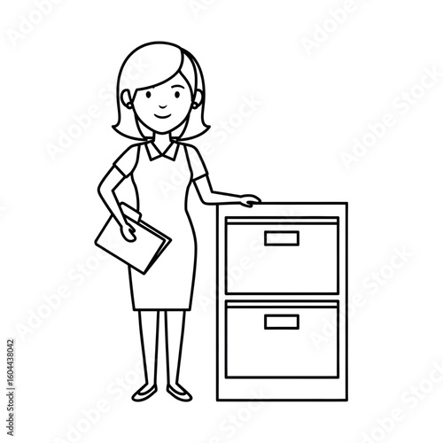 A woman with a file in her hand stands next to a filing cabinet.