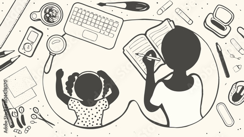 Illustration of a woman writing in a notebook with a child nearby surrounded by office supplies silhouette