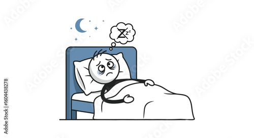 Restless night: A stick figure's struggle with insomnia amidst a serene lunar backdrop, representing the universal challenge of achieving peaceful