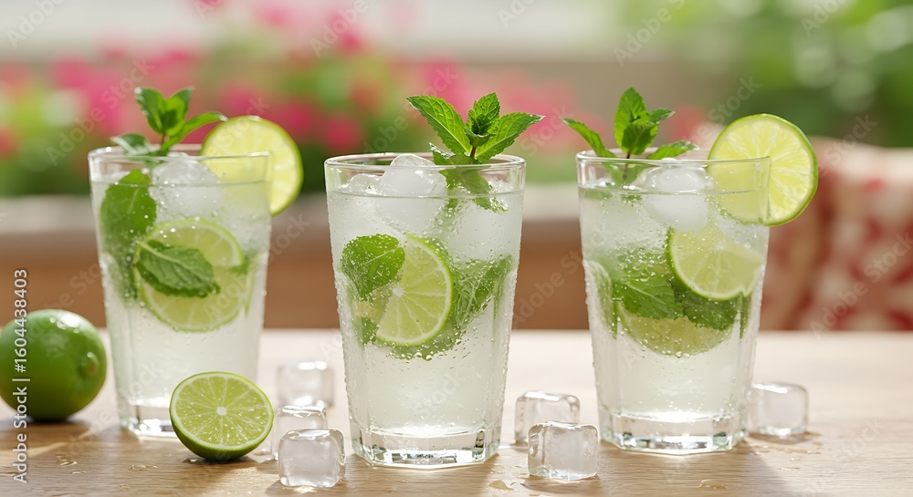 Fototapeta premium Refreshing Mojito Cocktails with Lime and Mint on Wooden Table